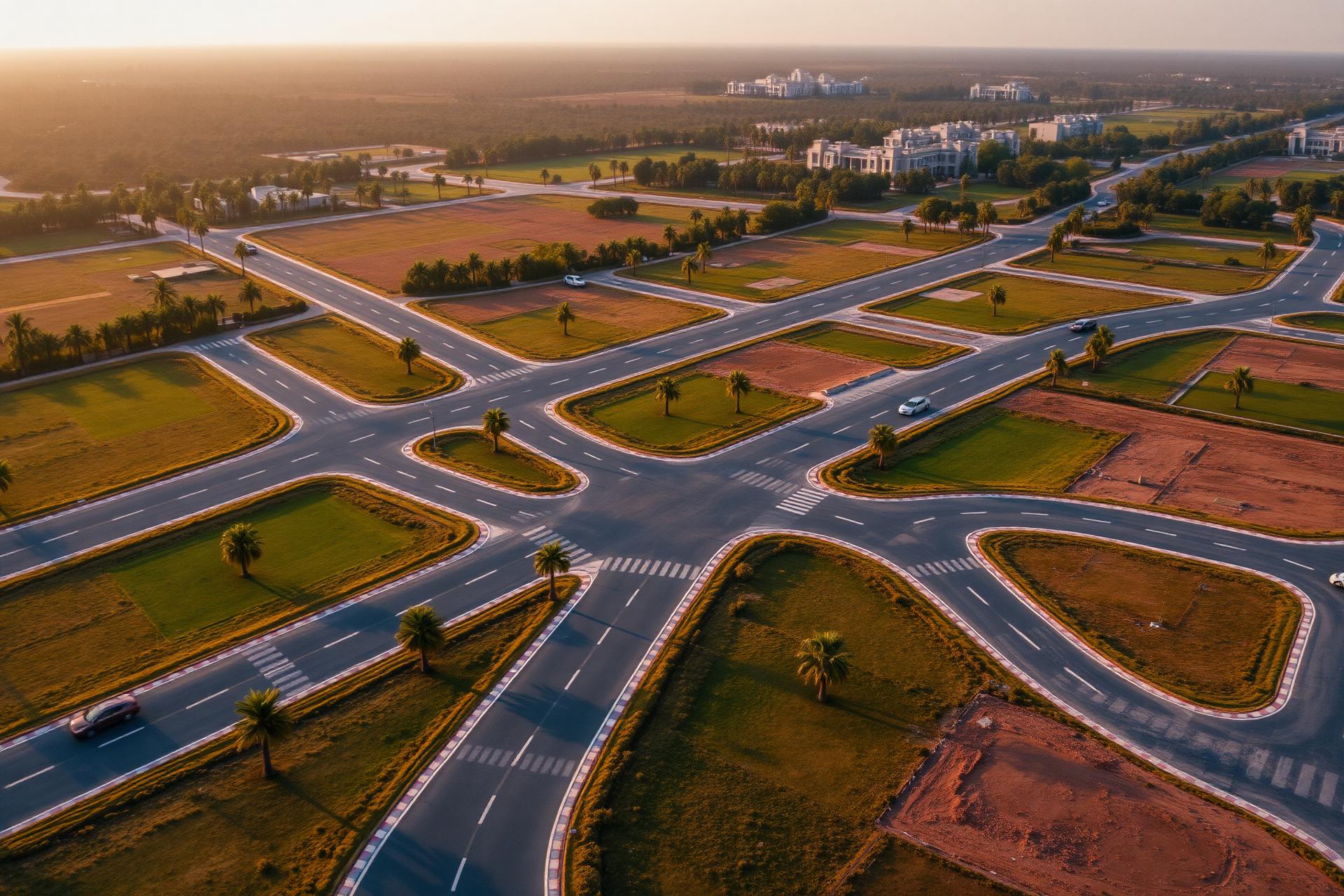 Aerial view of a premium gated plotted community at golden hour